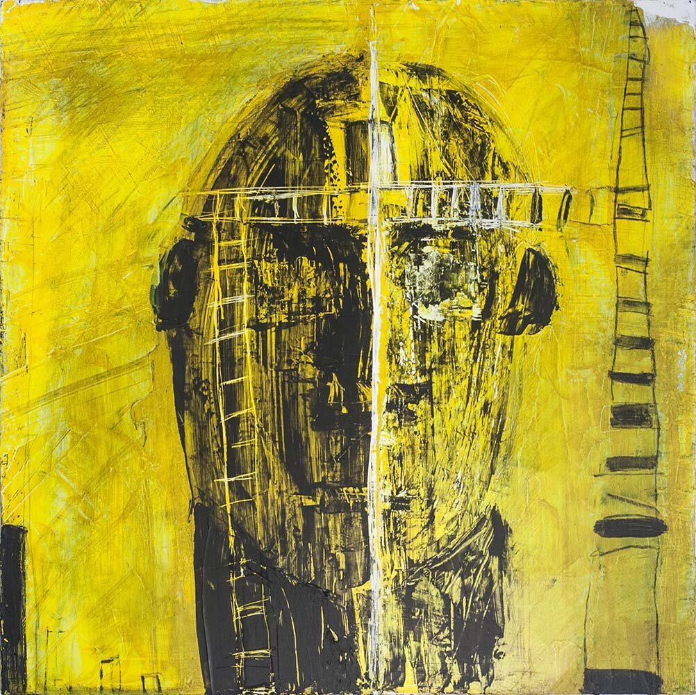 Contemporary art mixed media painting yellow and black by Hudson LGBQT artist Pauline Decarmo.