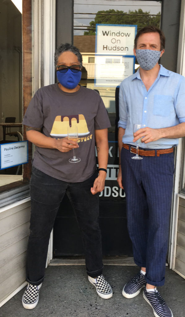 Sidewalk toast opening of exhibition with contemporary Hudson artist Pauline Decarmo and gallery founder and owner Jeremy Bullis of Hudson, NY.