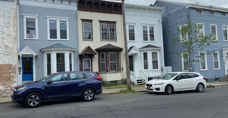 View of homes for sale on Union Street in Hudson, NY.